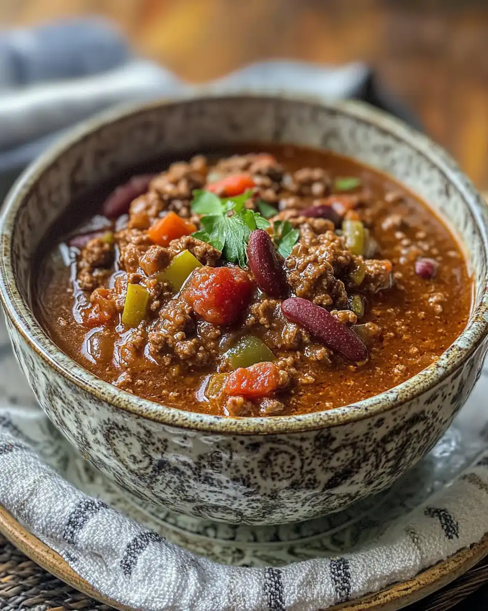 Bowl of finished venison chili garnished with fresh herbs ready to eat