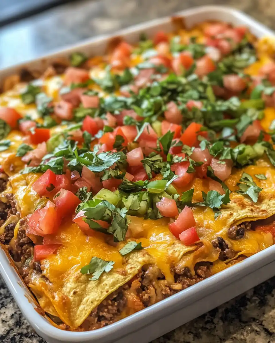 Layered ingredients of walking taco casserole in baking dish
