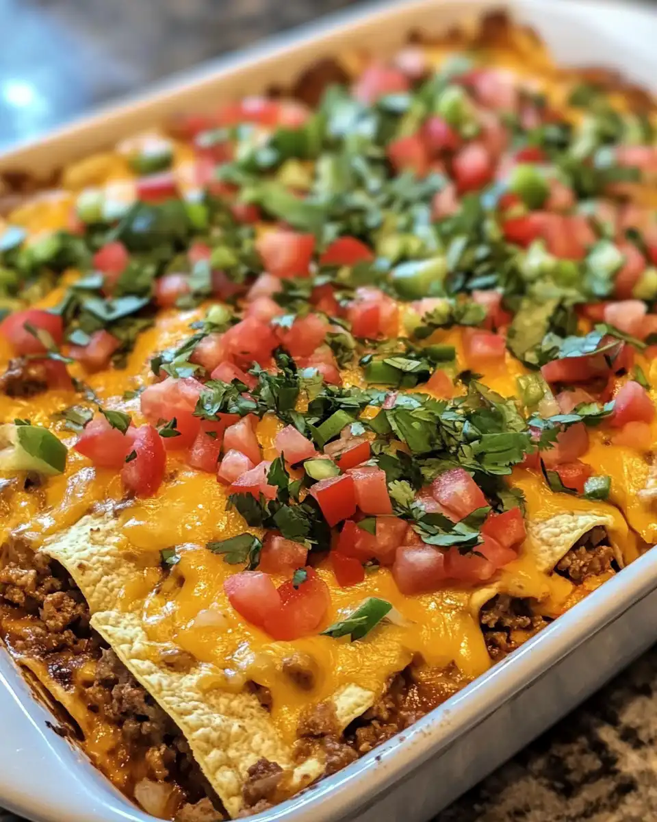 Close-up of a bite of walking taco casserole with toppings