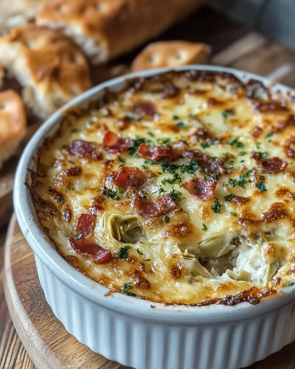 Golden baked warm artichoke and bacon dip ready to serve