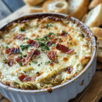 Warm Artichoke And Bacon Dip taken with iphone 15 pro max --iw 2 --ar 4:5 --v 6.1 --raw