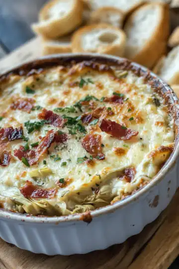Warm Artichoke And Bacon Dip taken with iphone 15 pro max --iw 2 --ar 4:5 --v 6.1 --raw