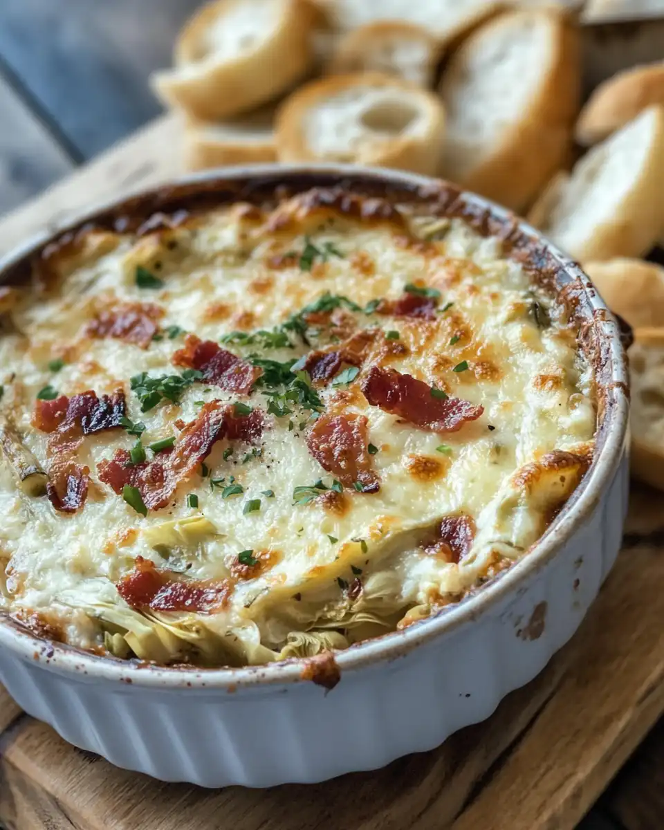 Warm artichoke and bacon dip freshly cooked in pressure cooker