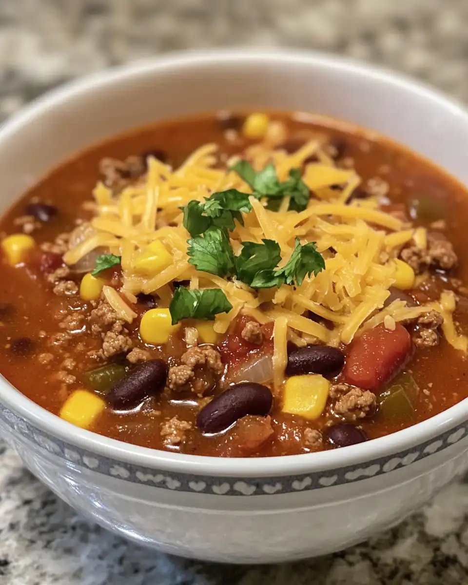 Bowl of finished taco soup ready to serve