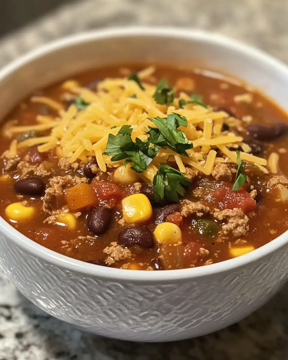Fresh hot taco soup in a bowl