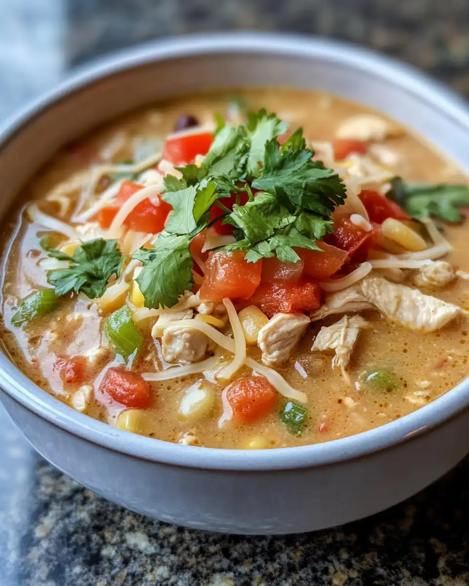 White chicken chili served in a bowl garnished with cilantro and cheese