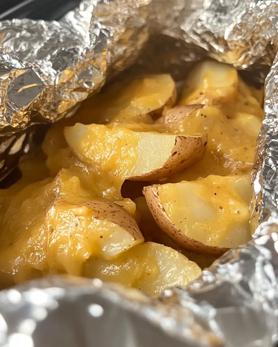 Aluminum foil wrapped potatoes placed inside slow cooker