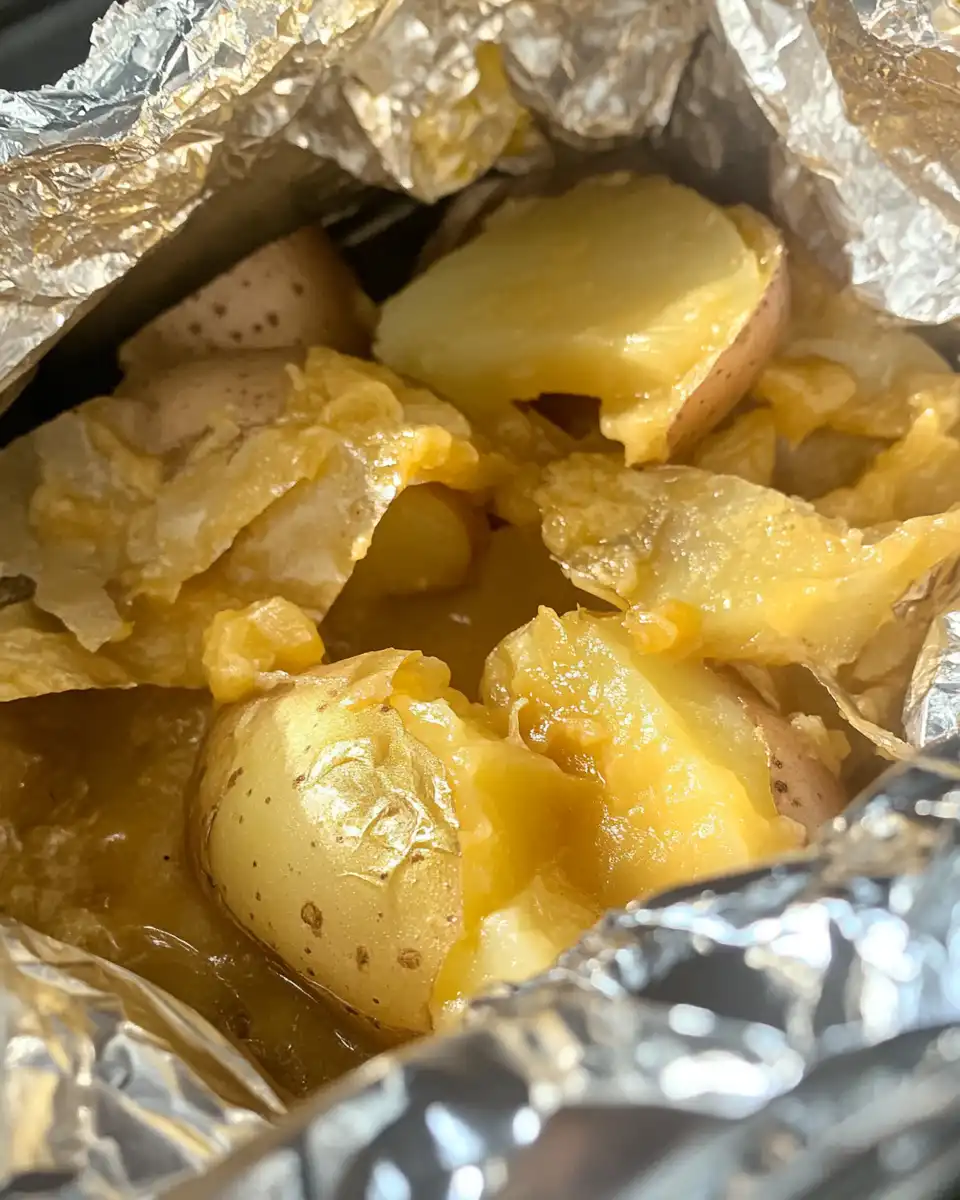 Slow cooker with foil wrapped potatoes cooking inside, covered with lid