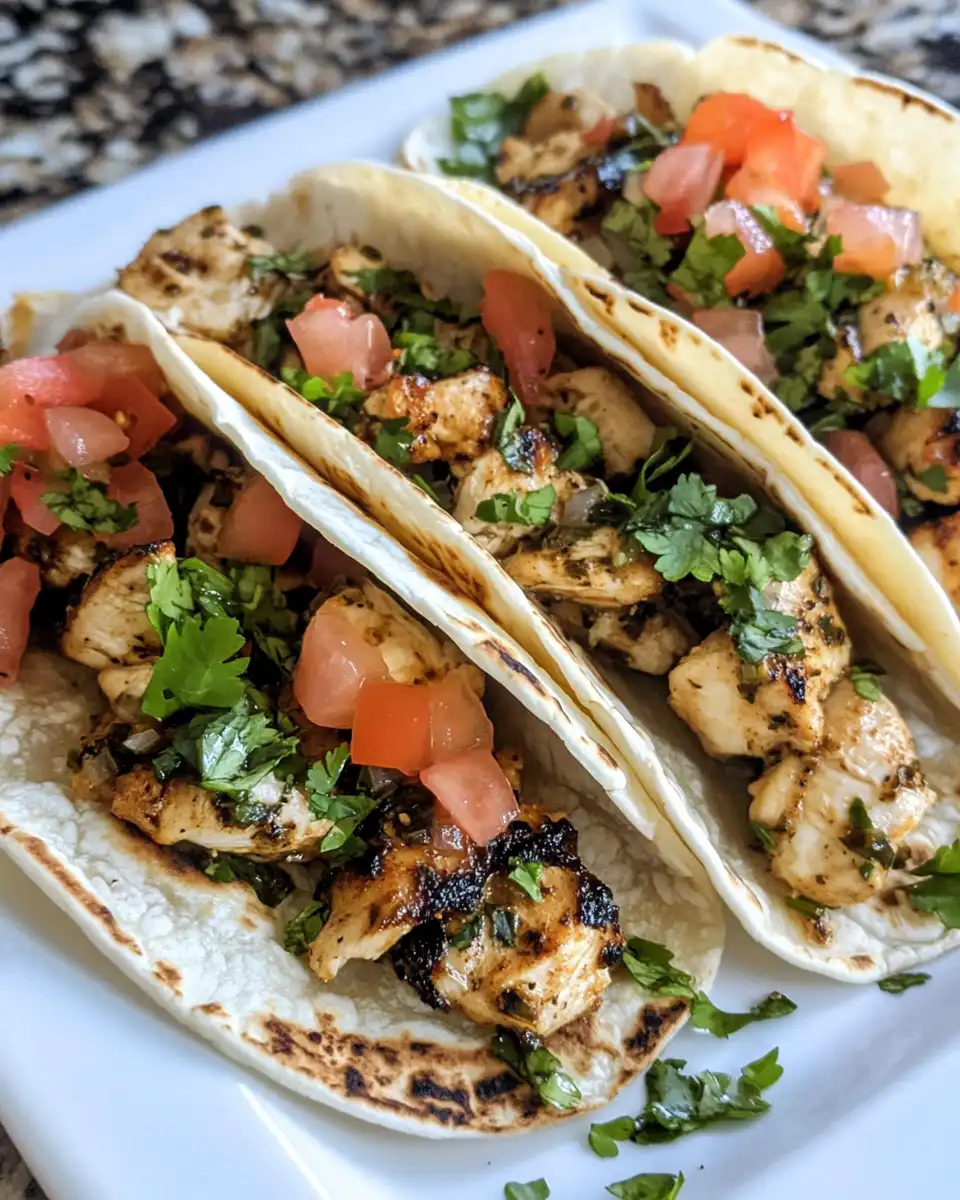 Final assembled chicken tacos with charred corn relish and toppings