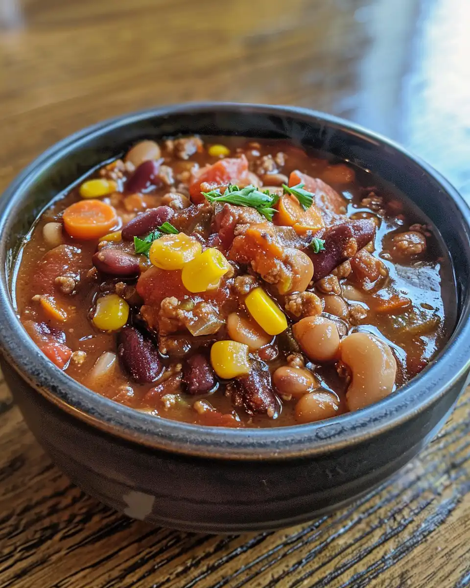 Ingredients for 3 bean chili spread out for preparation including beans, spices, and meat
