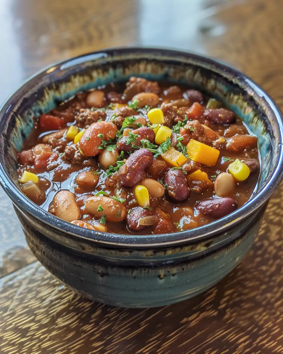 Final plated 3 bean chili served hot in a bowl with toppings