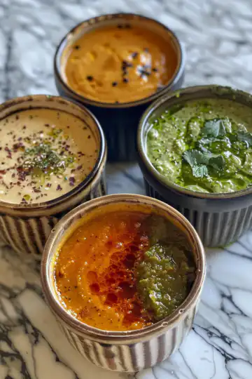 3 Vegan Dipping Sauces taken with iphone 15 pro max --iw 2 --ar 4:5 --v 6.0 --raw