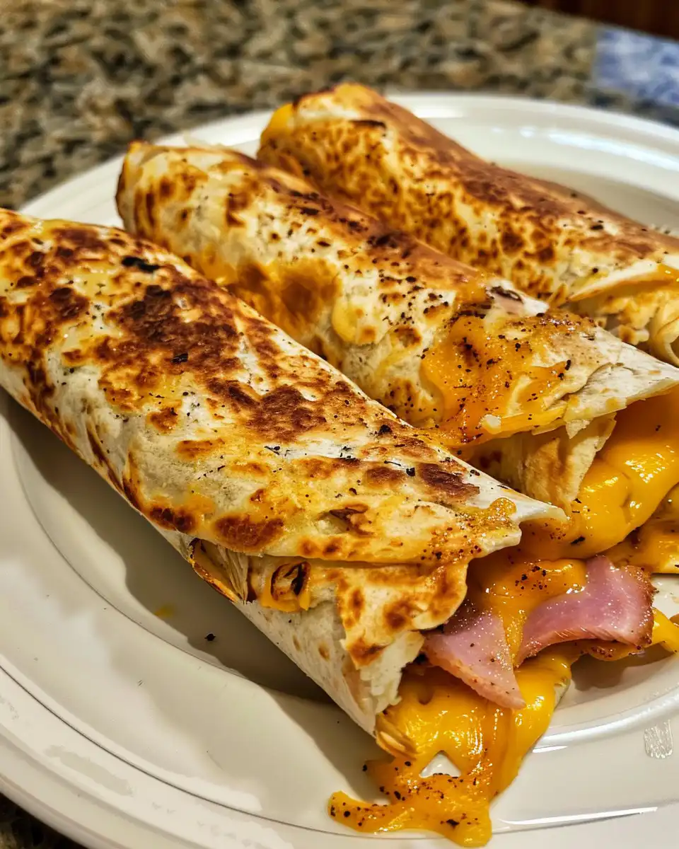 Plate of golden crispy air fryer ham and cheese wraps