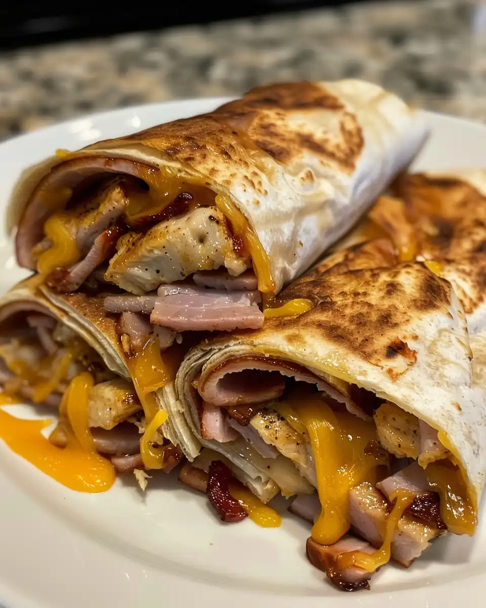 Final golden brown air fryer ham and cheese sandwich cut diagonally and ready to serve
