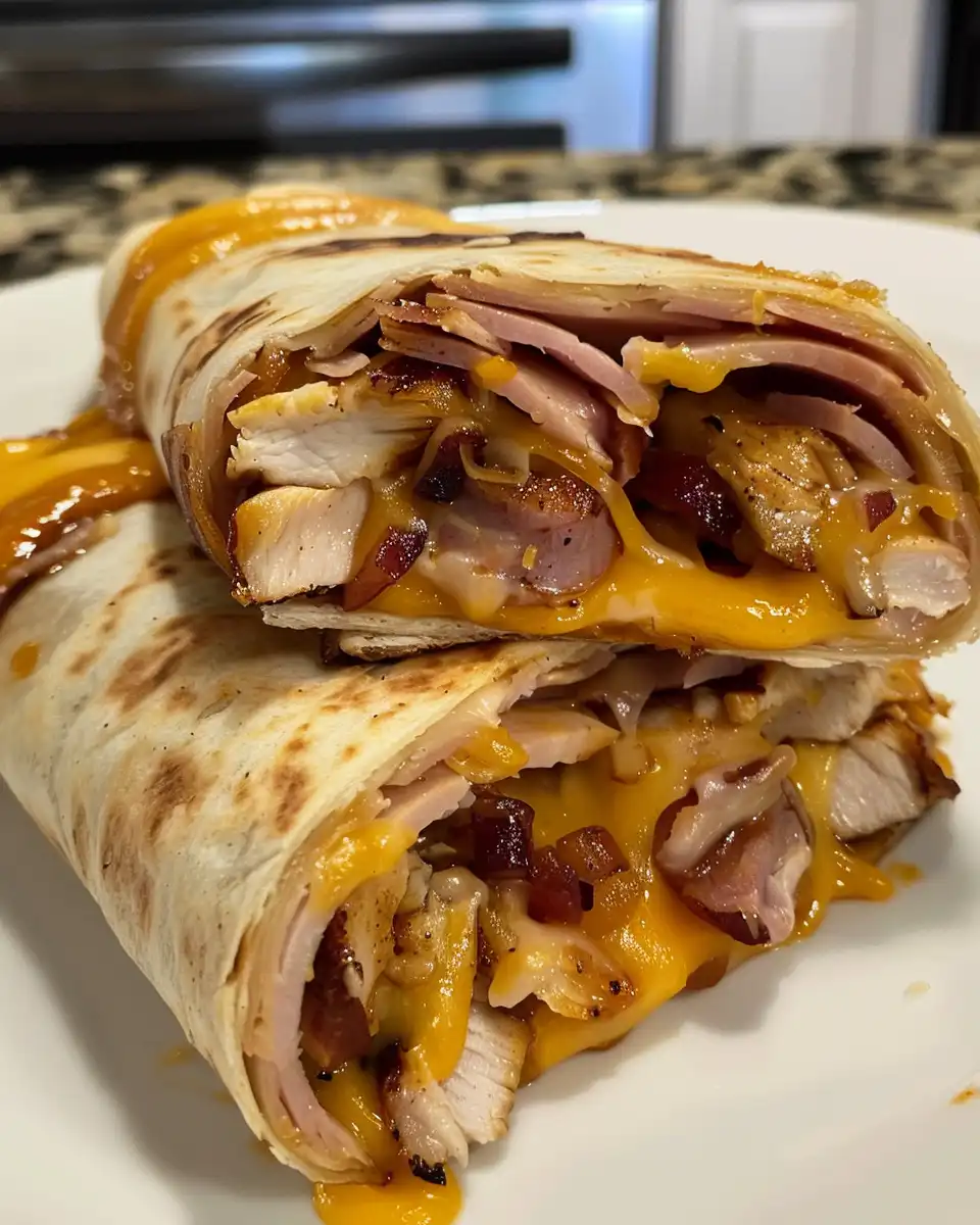 Air fryer hot ham and cheese sandwich melting with swiss cheese