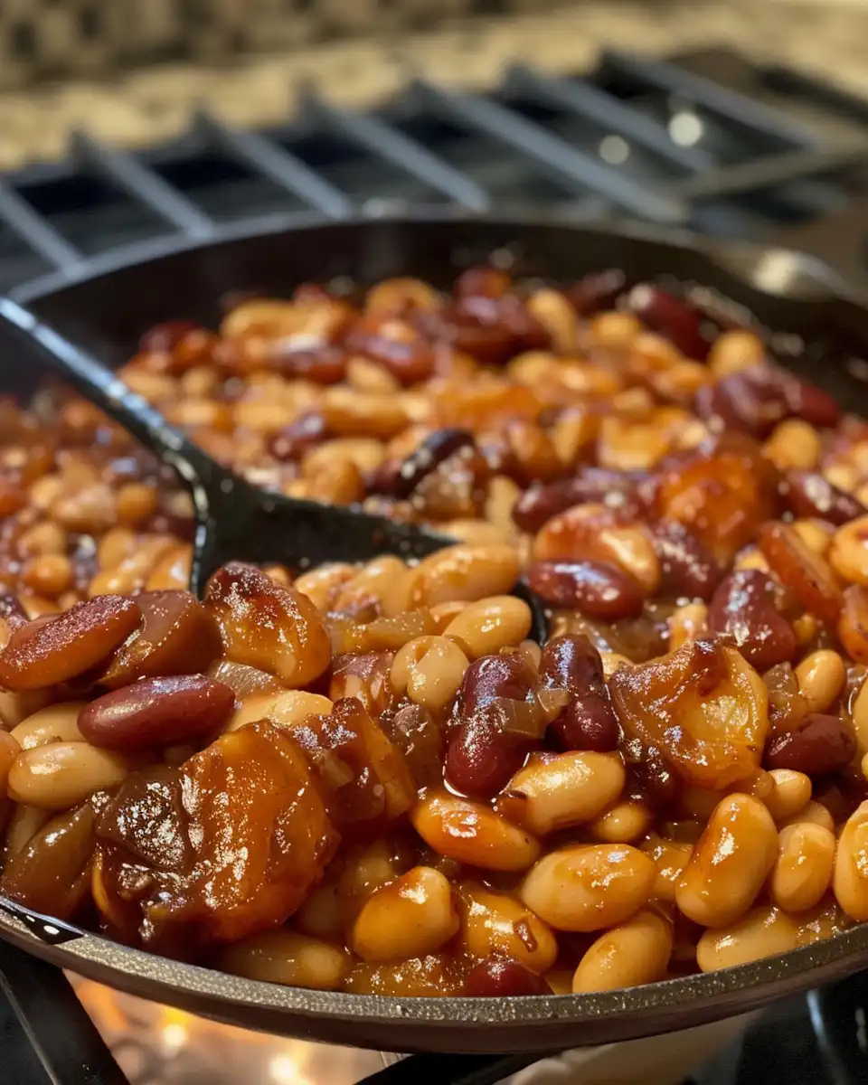 Ingredients layered in pressure cooker for apple cider baked beans including pinto beans, cider, salt pork, onions