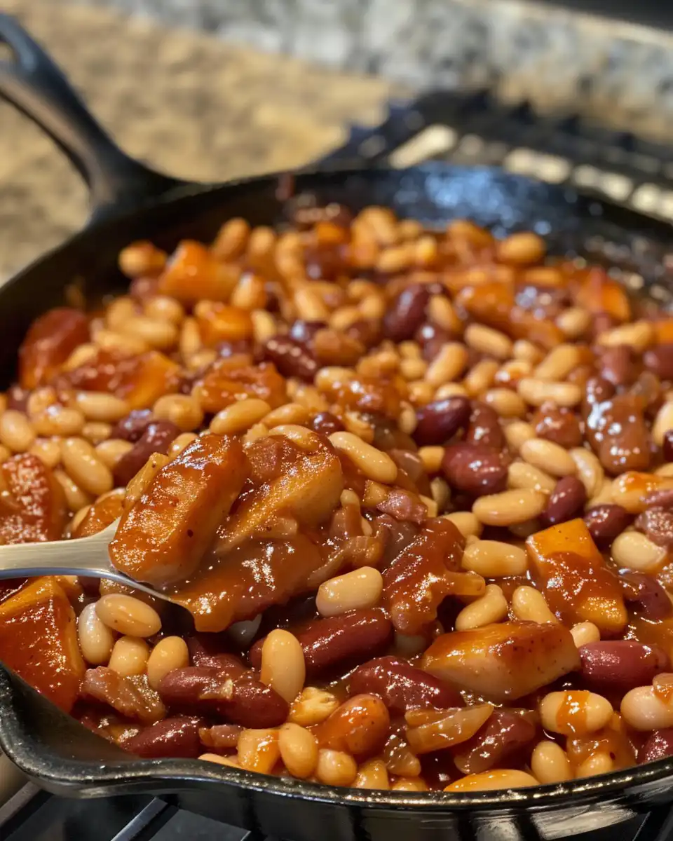 Plated apple cider baked beans with tender beans and rich broth