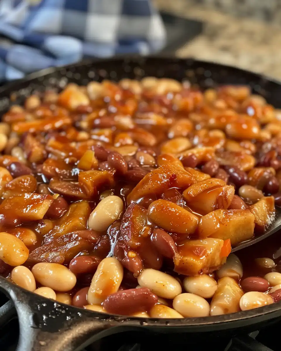 Pressure cooker filled with apple cider baked beans cooking with steam
