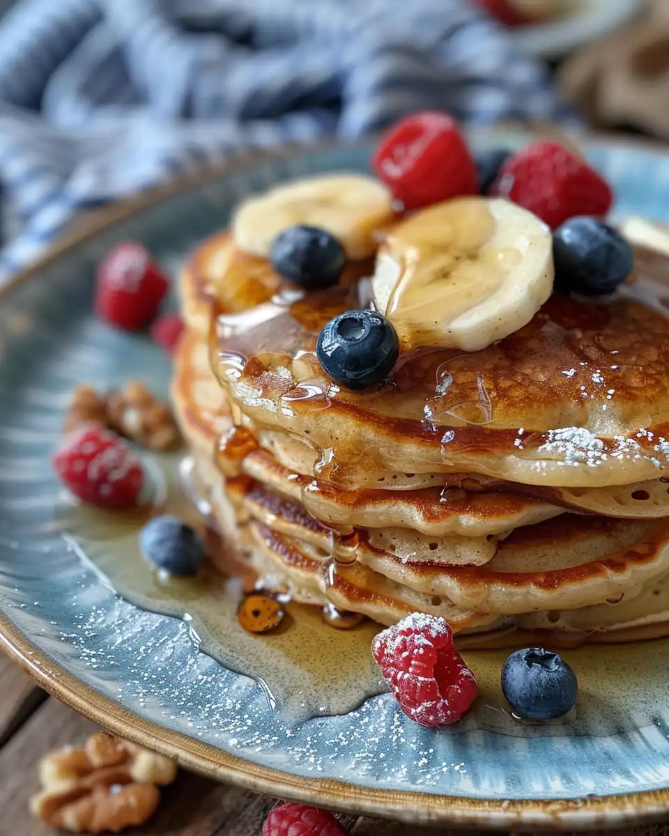 Close view of apple cider syrup pancakes steaming fresh