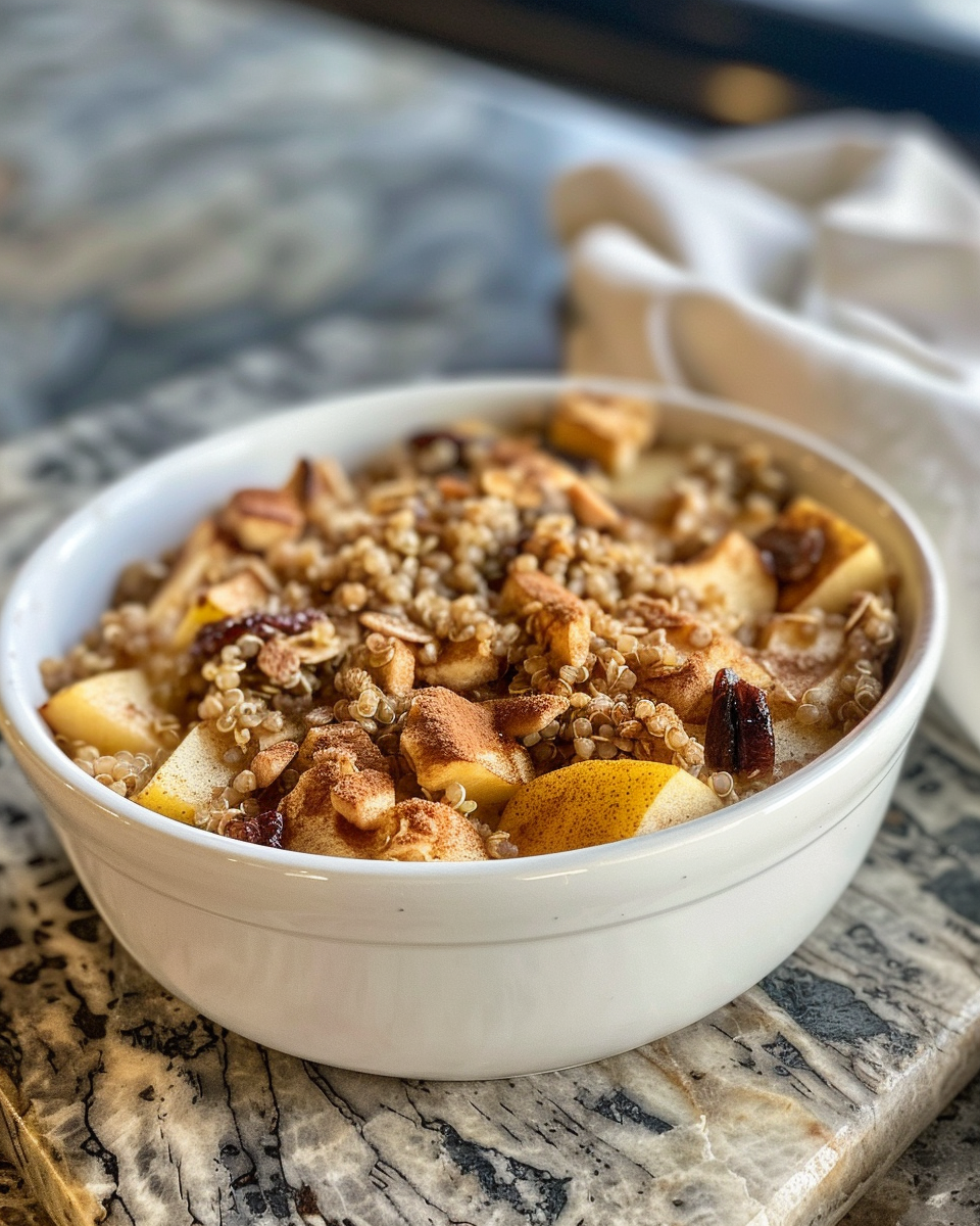 Ingredients for apple cinnamon quinoa breakfast bake including quinoa, apples, almond milk, maple syrup and spices