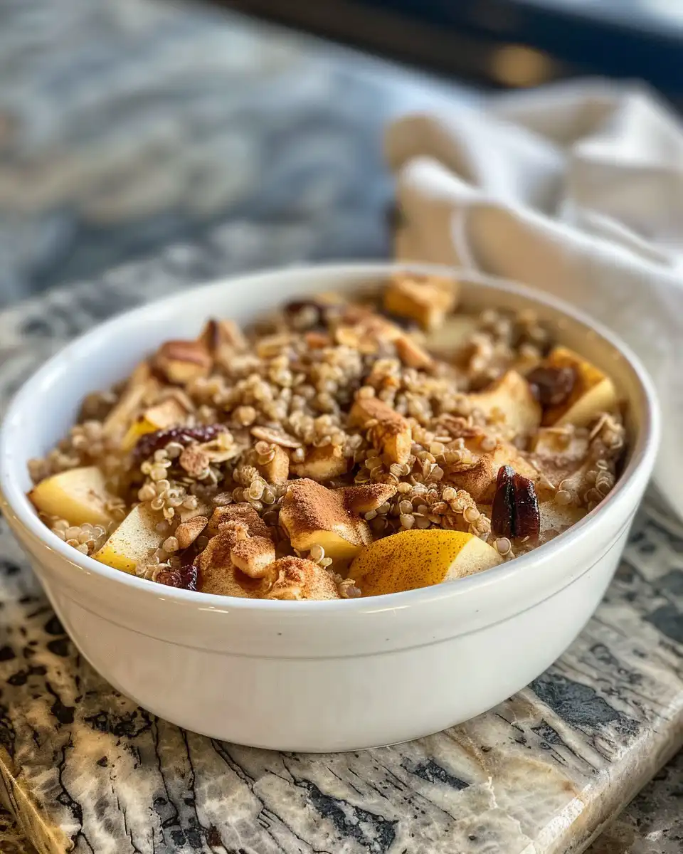 Ingredients for apple cinnamon quinoa breakfast bake including quinoa, apples, almond milk, maple syrup and spices