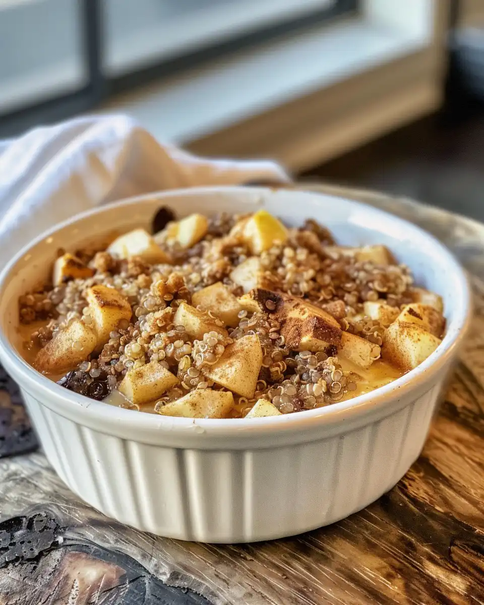 Pressure cooker with apple cinnamon quinoa breakfast bake cooking inside, steam and valve hiss visible