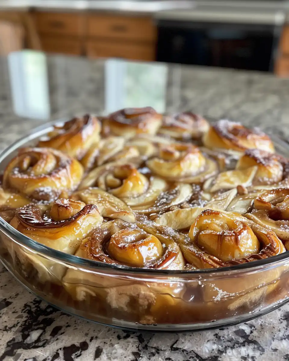 Ingredients for apple pie cinnamon roll bake including cinnamon rolls and apple filling