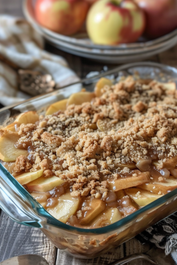 Apple Pie Cinnamon Roll Casserole with Crumb Topping taken with iphone 15 pro max --iw 2 --ar 4:5 --v 6.0 --raw