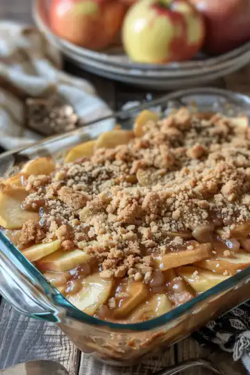 Apple Pie Cinnamon Roll Casserole with Crumb Topping taken with iphone 15 pro max --iw 2 --ar 4:5 --v 6.0 --raw