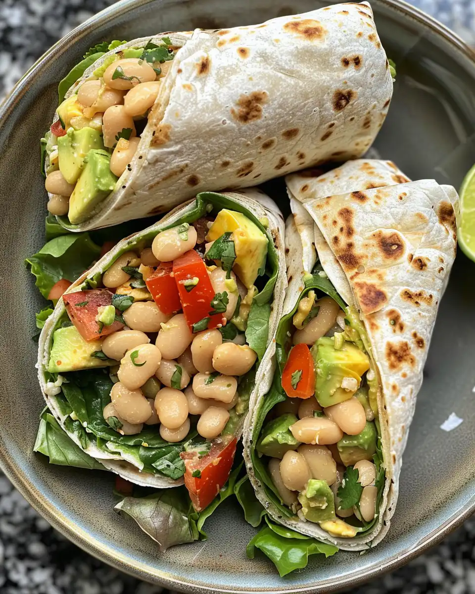 Ingredients for avocado and white bean salad wraps mixed in bowl