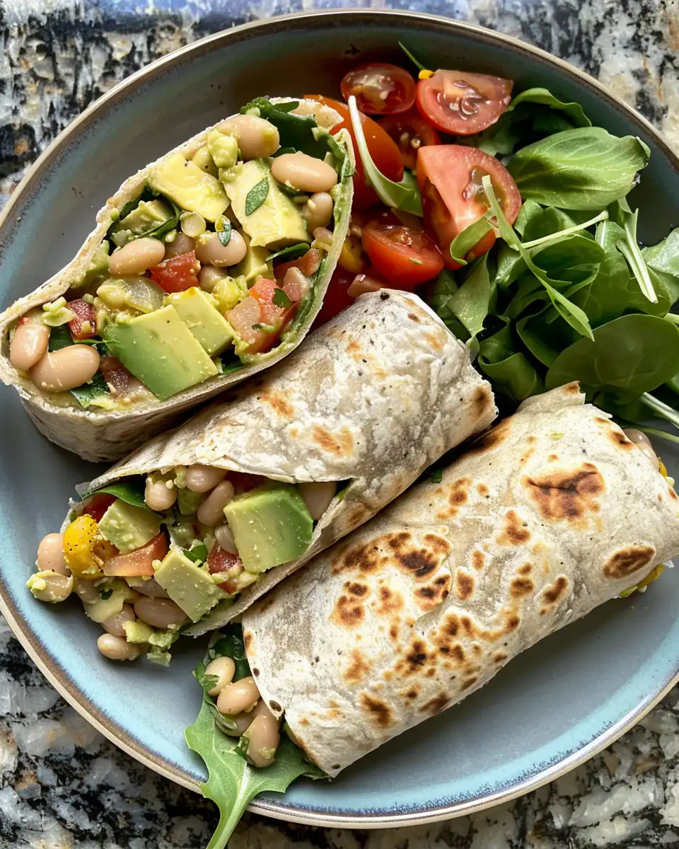 Final avocado and white bean salad wraps sliced and served