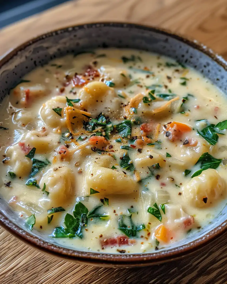 Final bowl of bacon cheddar gnocchi soup garnished and served hot