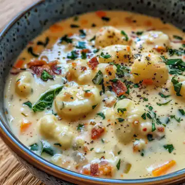Bacon Cheddar Gnocchi Soup taken with iphone 15 pro max --iw 2 --ar 4:5 --v 6.0 --raw