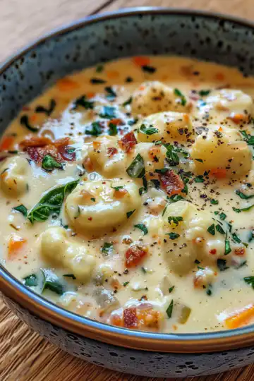 Bacon Cheddar Gnocchi Soup taken with iphone 15 pro max --iw 2 --ar 4:5 --v 6.0 --raw