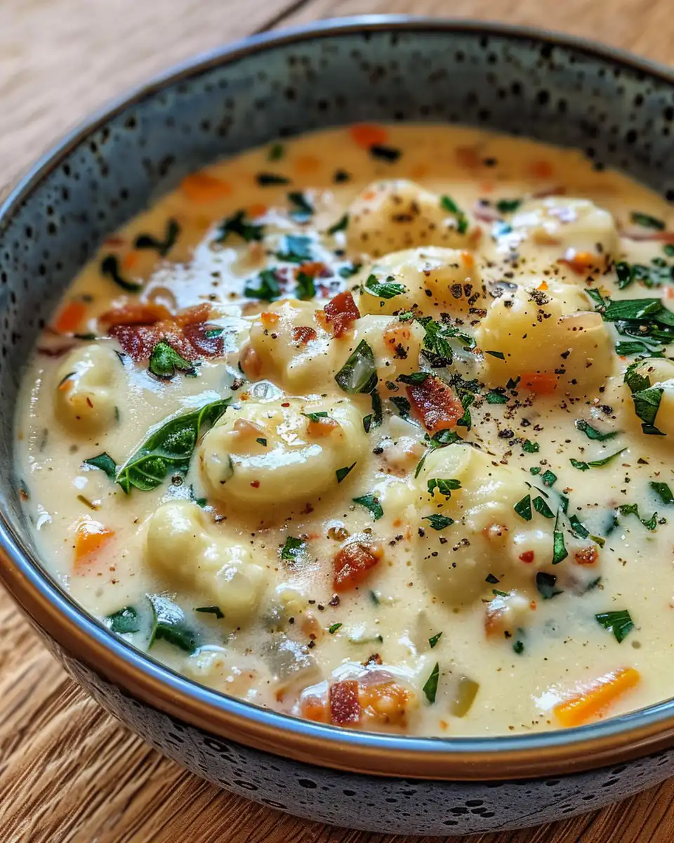 Bacon and cheddar gnocchi soup simmering warmly in pressure cooker