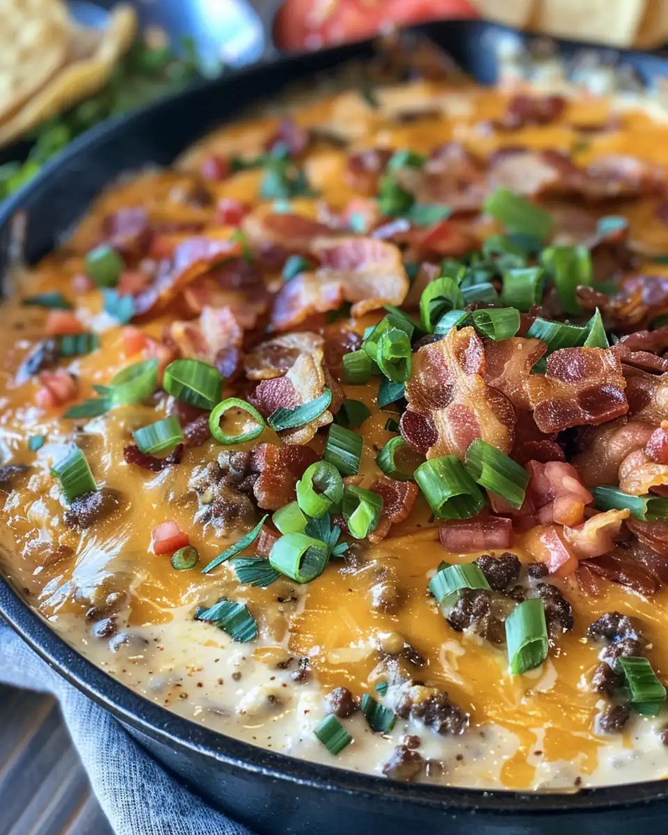 Ingredients for bacon cheeseburger queso dip including ground beef, cream cheese, bacon, and shredded cheeses