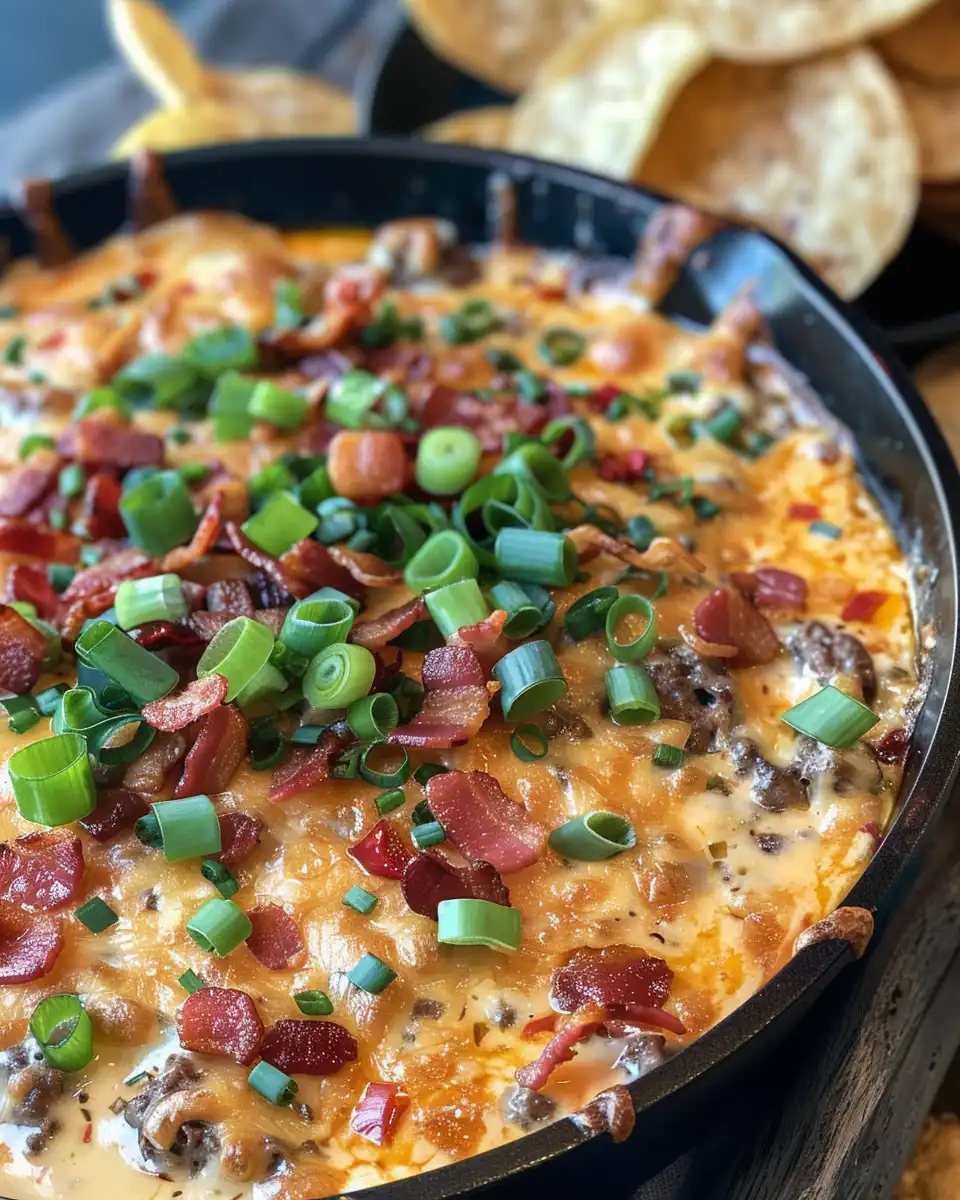 Final presentation of bacon cheeseburger queso dip served in a bowl with chips