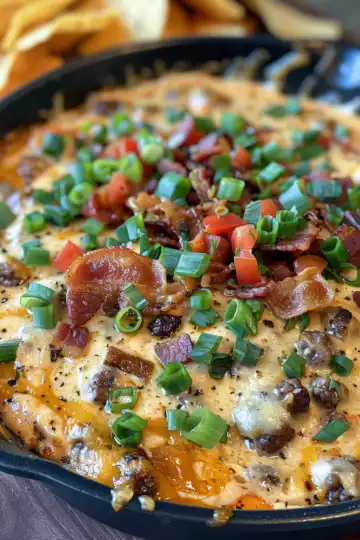 Bacon Cheeseburger Queso Dip taken with iphone 15 pro max --iw 2 --ar 4:5 --v 6.0 --raw