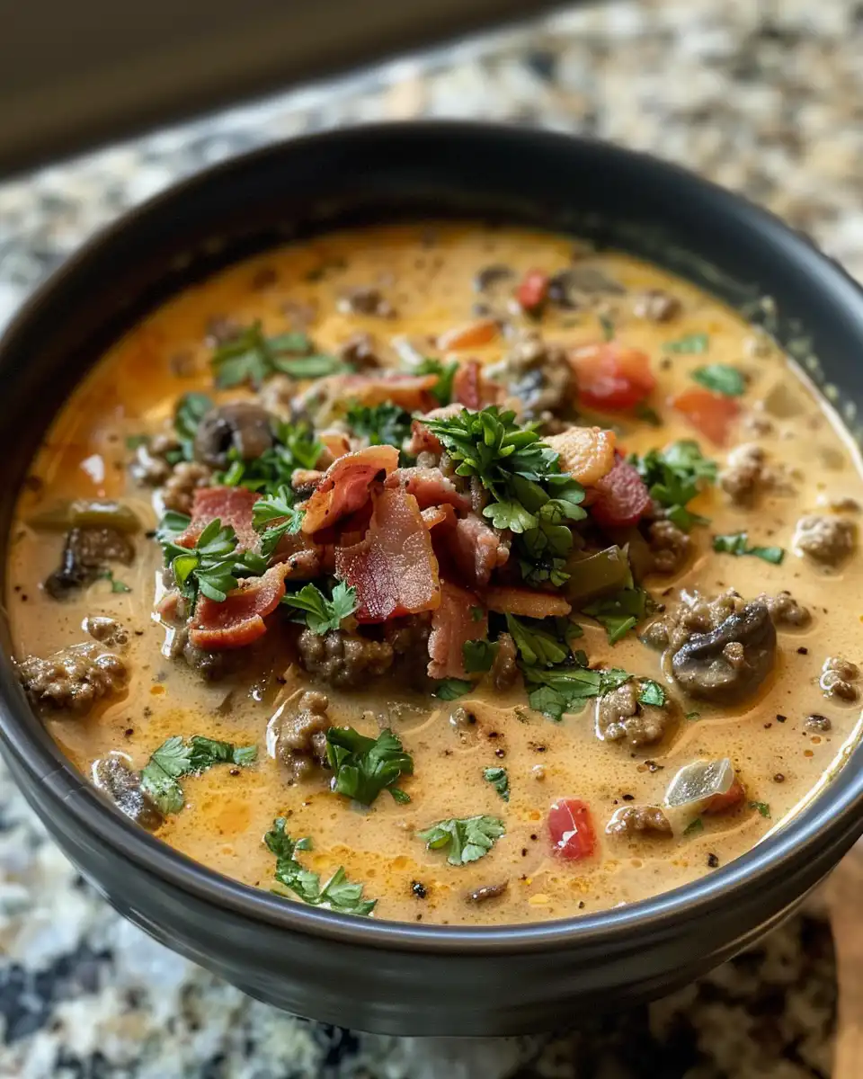 Final creamy bacon cheeseburger soup served warm in bowl garnished with green onions