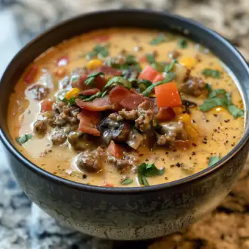 Bacon Cheeseburger Soup taken with iphone 15 pro max --iw 2 --ar 4:5 --v 6.0 --raw