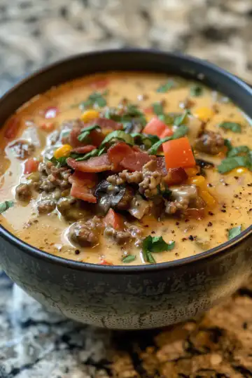 Bacon Cheeseburger Soup taken with iphone 15 pro max --iw 2 --ar 4:5 --v 6.0 --raw