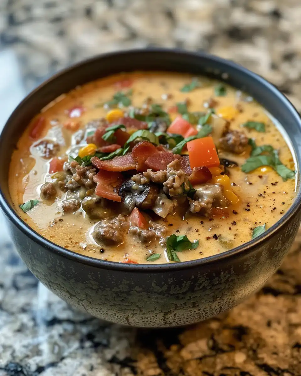 Close-up of sizzling bacon and melted cheese in pressure cooker soup