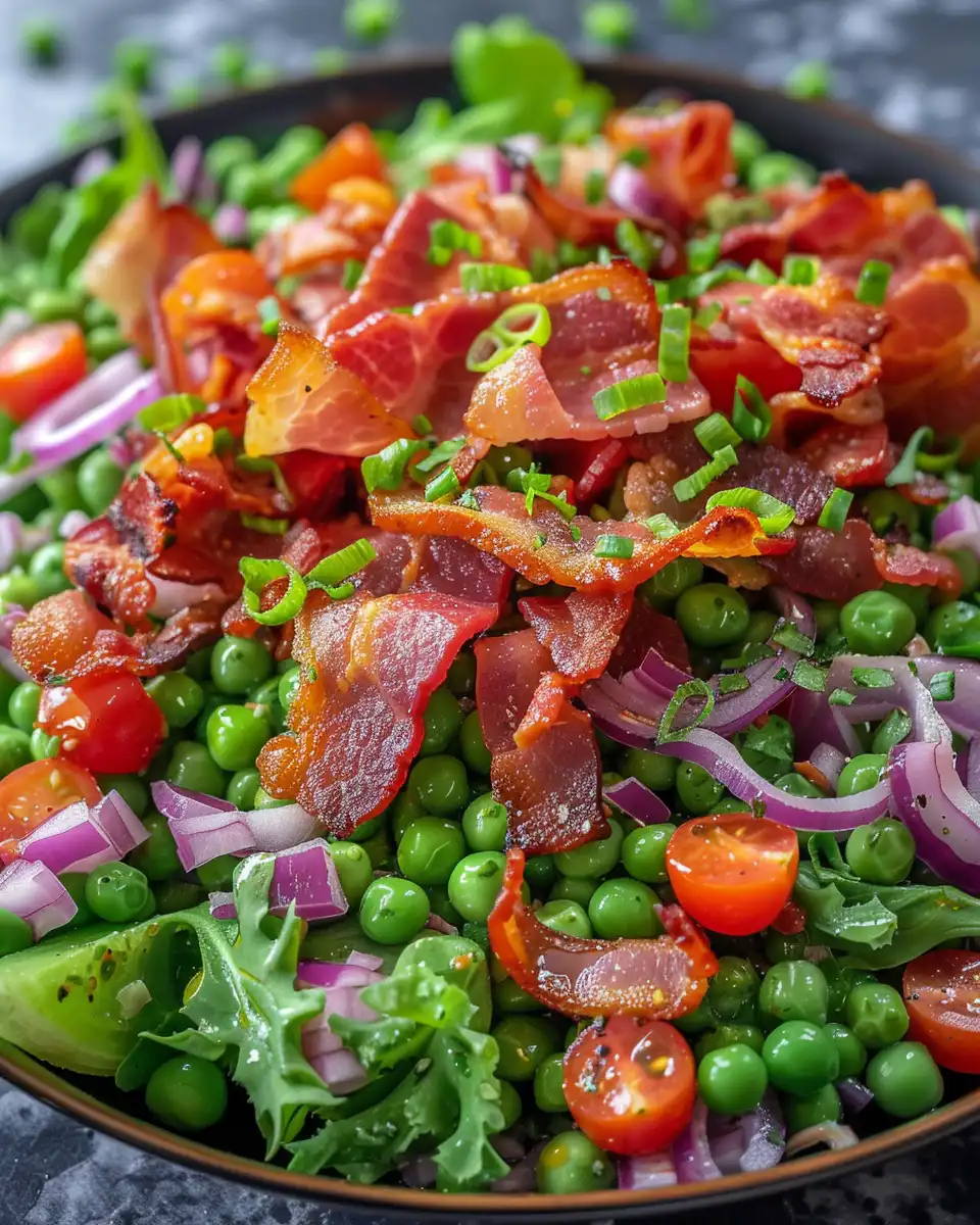 Ingredients for bacon pea salad laid out including bacon, peas, cheddar, and mayo