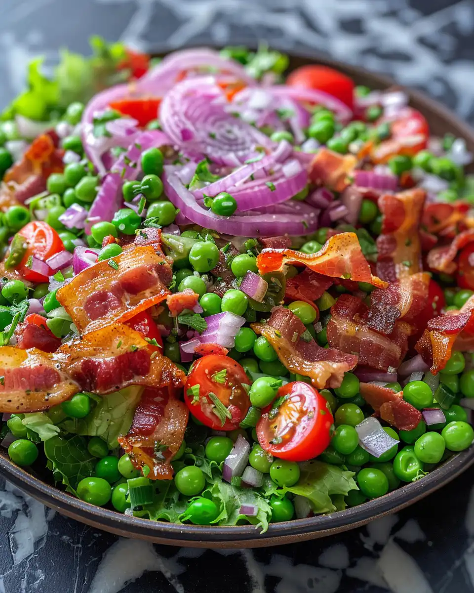 Finished plated bacon pea salad served chilled and ready to enjoy