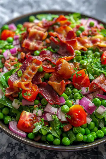 Bacon Pea Salad taken with iphone 15 pro max --iw 2 --ar 4:5 --v 6.0 --raw