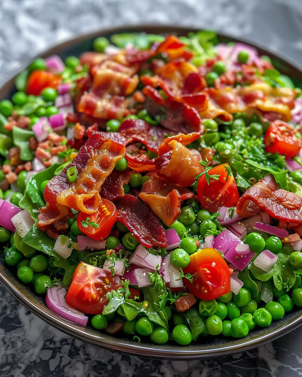 Close-up of bacon and pea salad freshly made in pressure cooker