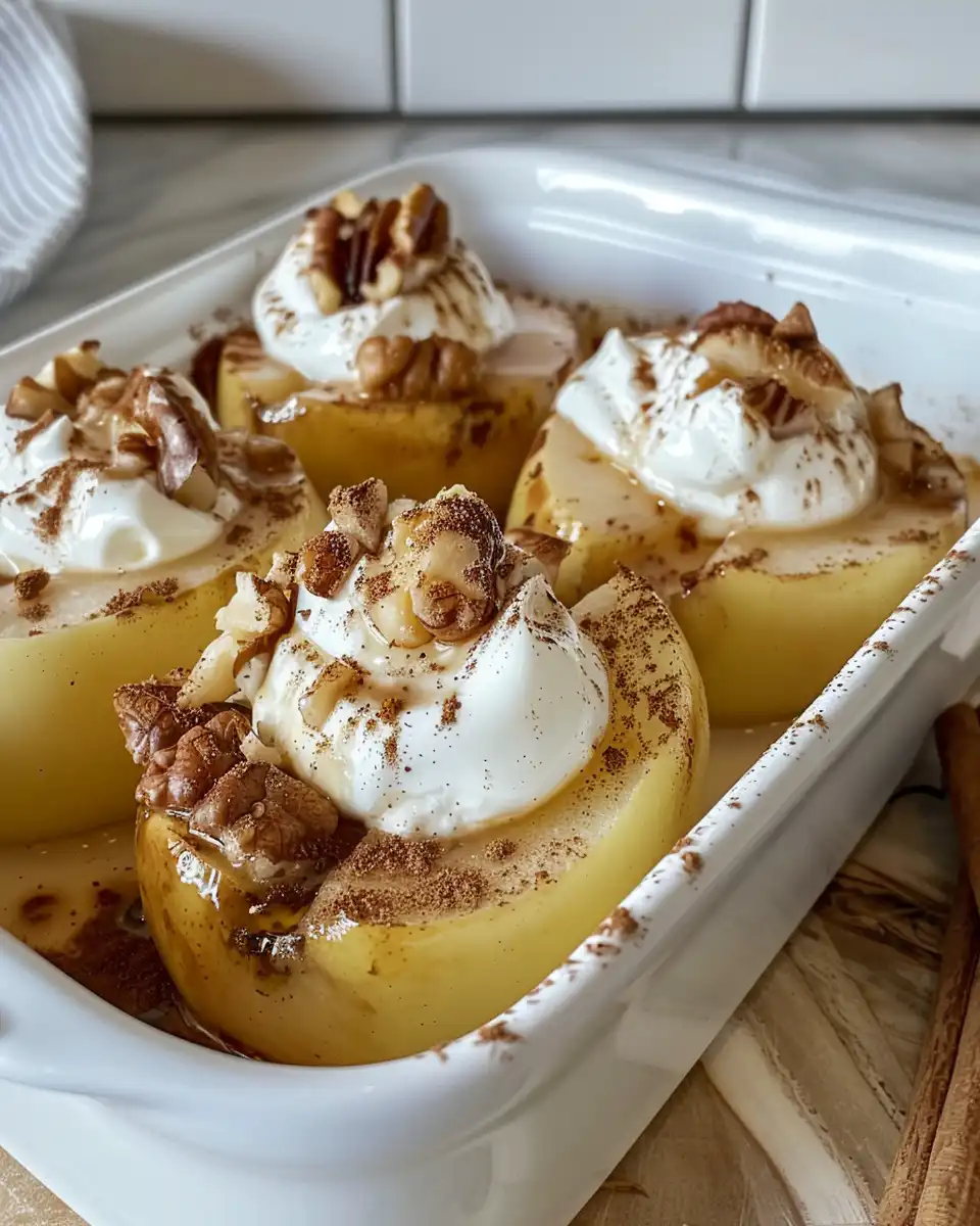 Final plated baked apples with maple syrup syrup and creamy Greek yogurt