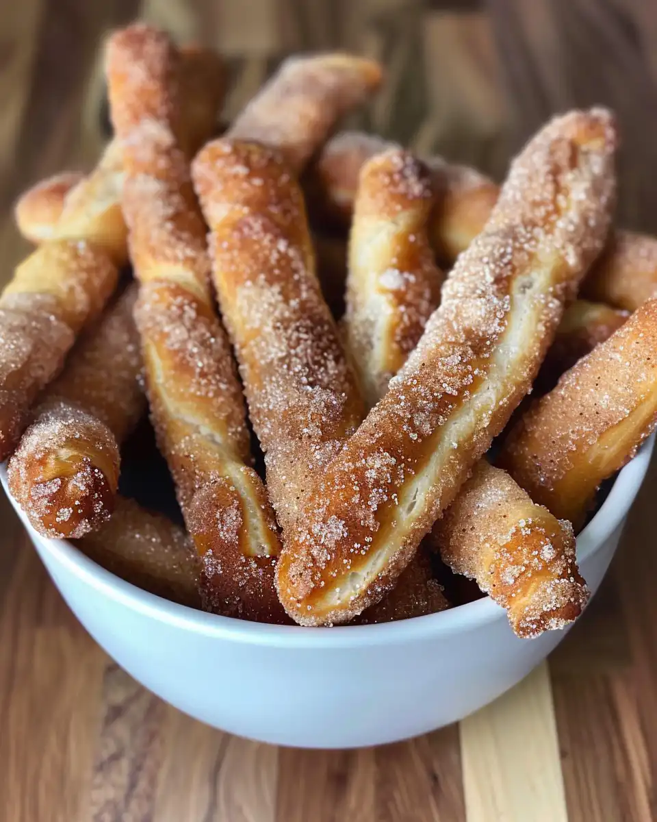 Pretzel sticks coated evenly with cinnamon sugar and baking on parchment paper