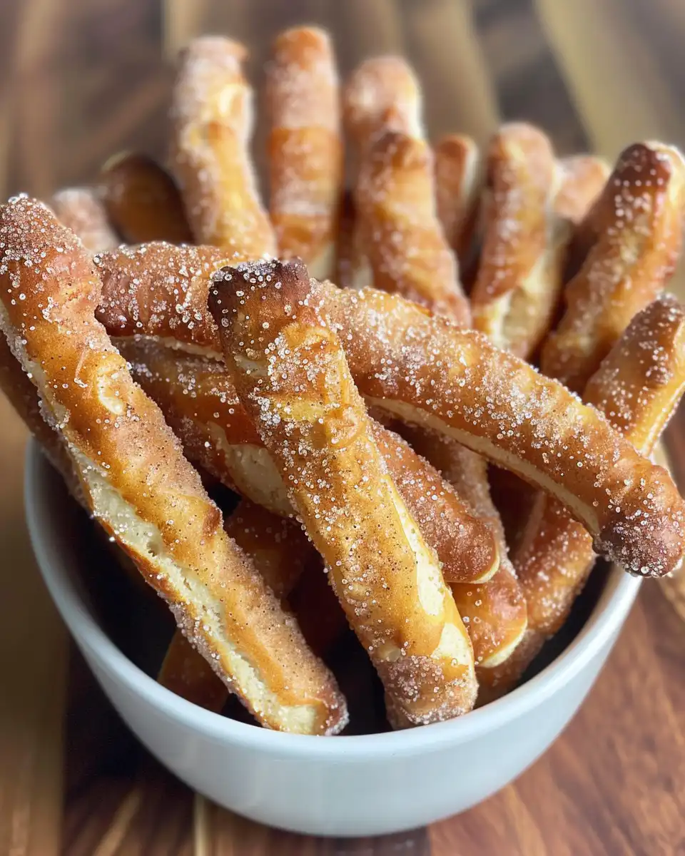 Close-up of freshly baked cinnamon sugar pretzel sticks with golden crust