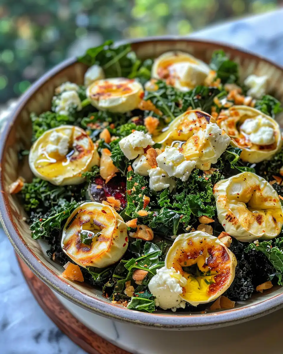 Ingredients for baked kale salad including kale, apples, and goat cheese